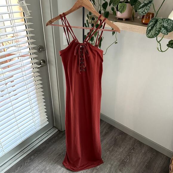Oboe Rust Lace Up Maxi Dress Size L Women’s Strappy Bodycon Boho Sexy - Picture 1 of 8